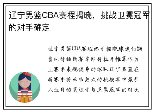 辽宁男篮CBA赛程揭晓，挑战卫冕冠军的对手确定